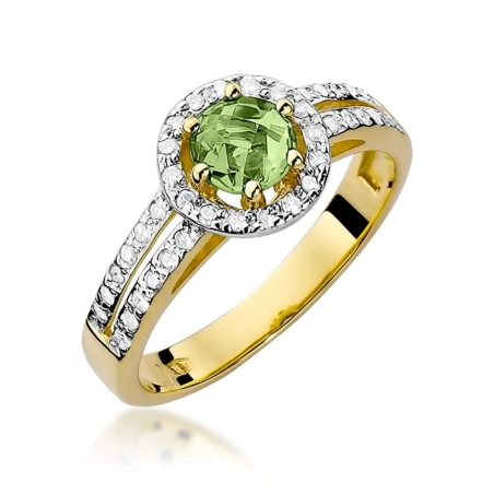 Złoty pierścionek z oliwinem i diamentami 585