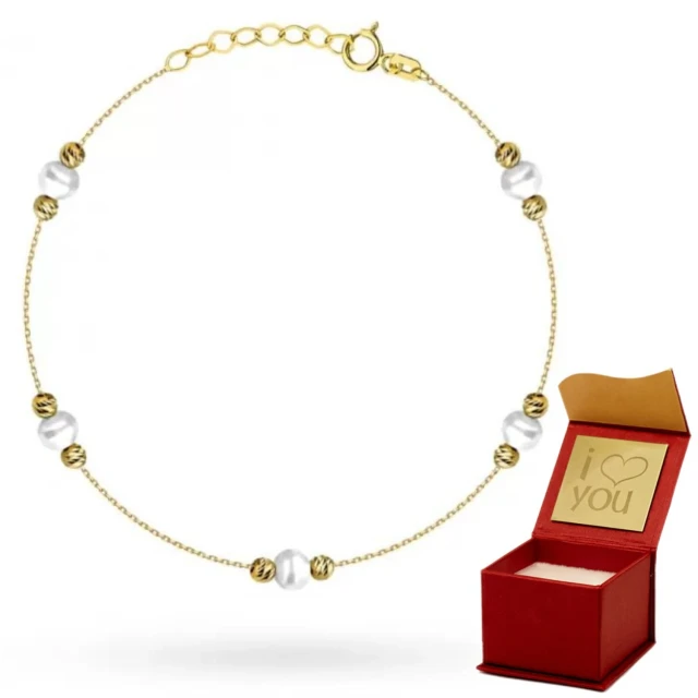 Bransoletka złota z perłami i diamentowanymi kulkami