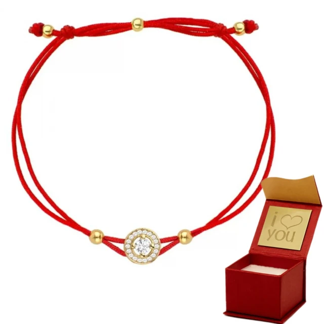 Bransoletka złota kółeczko i cyrkonie na czerwonym sznurku