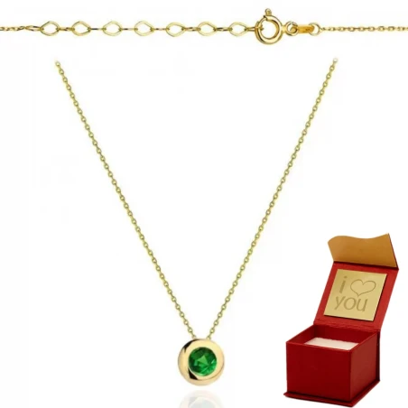 Naszyjnik złoty z zieloną cyrkonią w złotej zaokrąglonej oprawie
