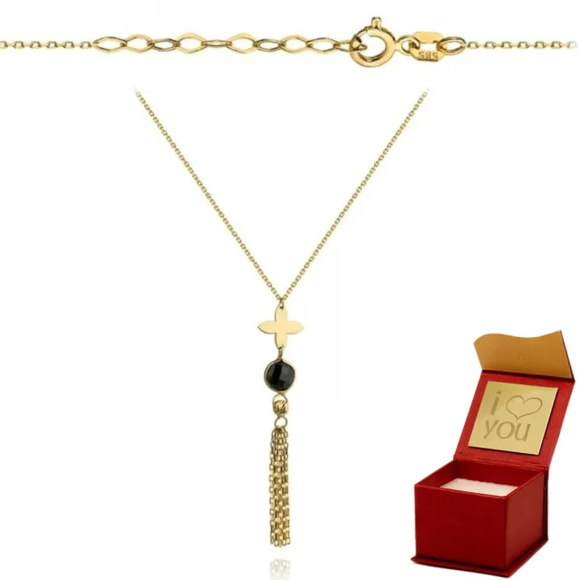 Halskette mit goldener Blume, schwarzem Stein und Ketten