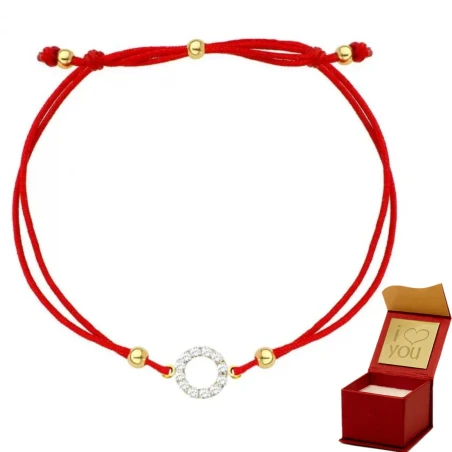 Bransoletka złoty ring z cyrkoniami na czerwonym sznurku