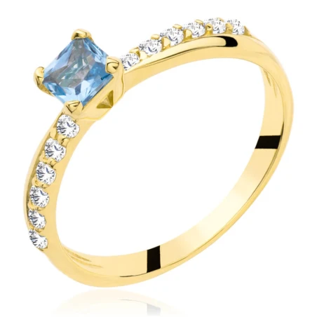 Złoty pierścionek zaręczynowy błękitny kamień