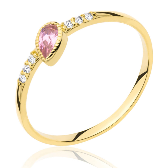 Złoty pierścionek delikatny różowy kamień łezka 333