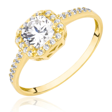 Złoty pierścionek zaręczynowy białe kamienie próba 333