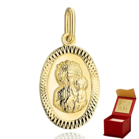 Medalik złoty Matka Boska Częstochowska w owalu z diamentowaną oprawą