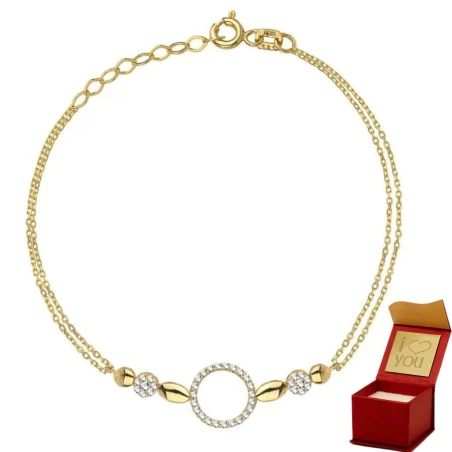 Bransoletka złota ring i kółeczka z cyrkonii na podwójnym łańcuszku