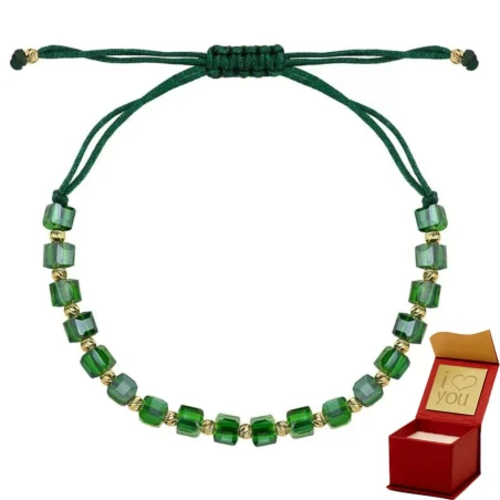 Bransoletka ze szmaragdowymi kamieniami holo na zielonym sznurku