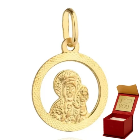 Złoty medalik Matka Boska z dzieciątkiem w diamentowanym kole