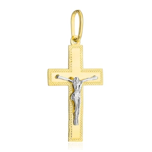 ⭐ Krzyżyk złoty zdobiony diamentowaniem z Jezusem w dwóch kolorach złota duży ♥ Ergold
