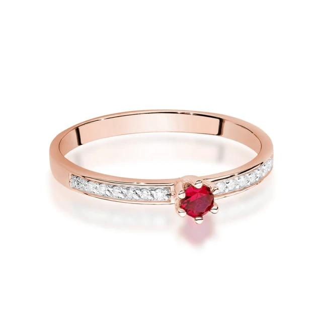 Złoty Pierścionek 585 Różowe Złoto Rubin Diamenty 0,15ct