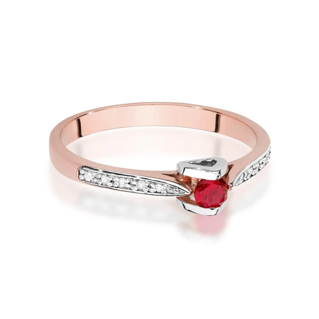 Złoty Pierścionek 585 Różowe Złoto Rubin Diamenty 0,15ct Certyfikat