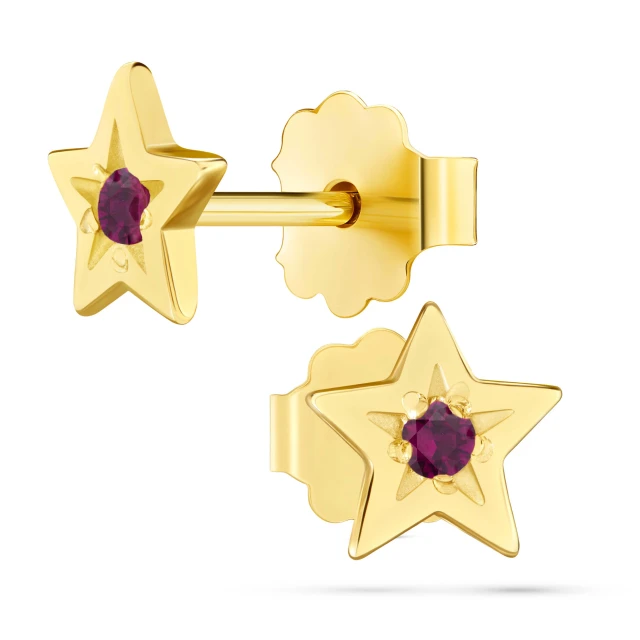 Złote kolczyki gwiazdki z rubinowym kamieniem pr. 333