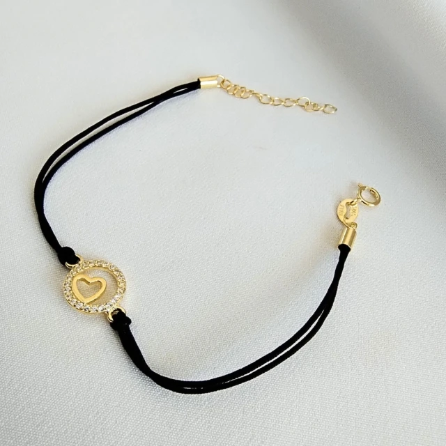 Vergoldetes Armband Schwarze Schnur HERZ im KREIS