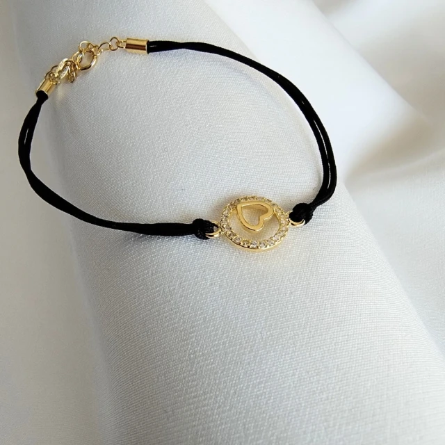 Vergoldetes Armband Schwarze Schnur HERZ im KREIS