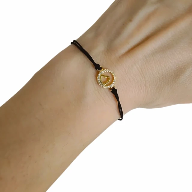 Vergoldetes Armband Schwarze Schnur HERZ im KREIS
