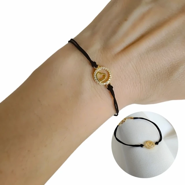 Vergoldetes Armband Schwarze Schnur HERZ im KREIS