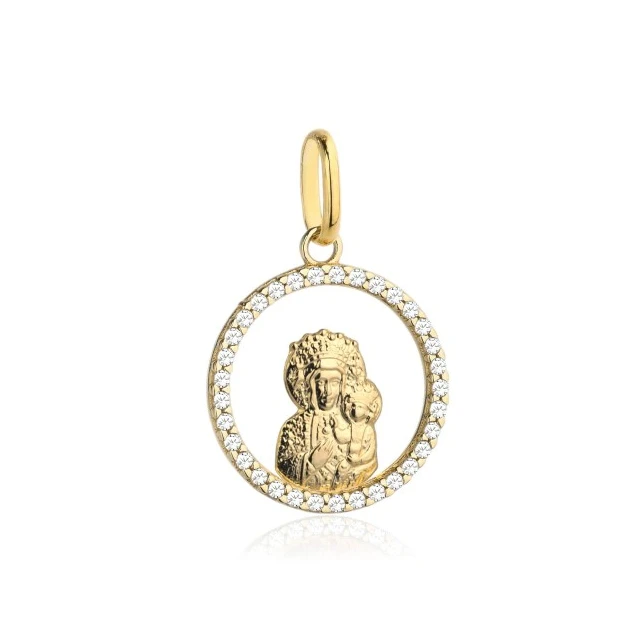 Medaille der Mutter Gottes mit einem Kind in einem mit Strasssteinen besetzten Kreis