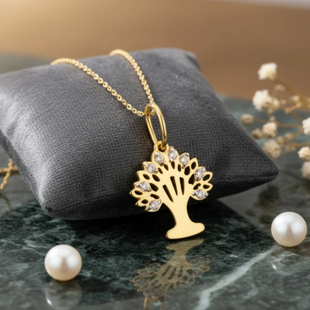 Złota zawieszka drzewko szczęścia białe cyrkonie