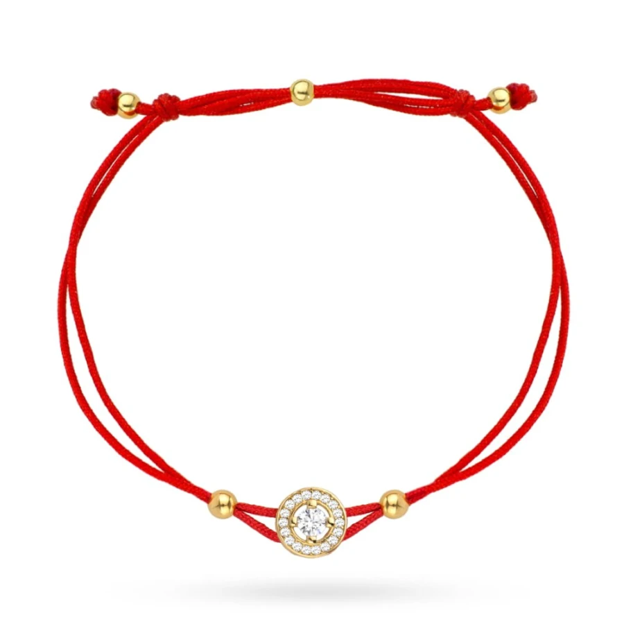 Bransoletka złota kółeczko i cyrkonie na czerwonym sznurku