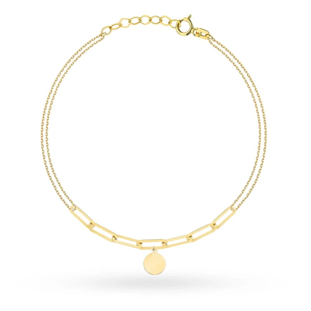 Bransoletka złota na podwójnym łańcuszku z długimi ogniwami i pełnym kółkiem