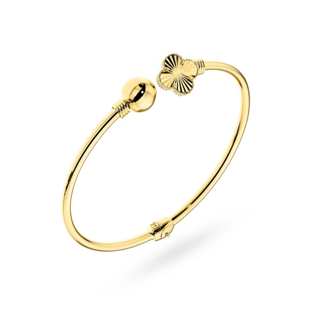 Bransoletka złota sztywna z gładką kulką i diamentowaną koniczynką