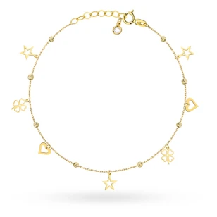 Bransoletka złota diamentowane kulki oraz wiszące gwiazdki, serduszka i koniczynki na nogę