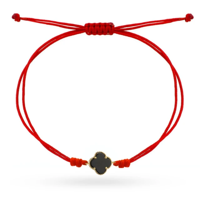 Złota bransoletka 585 czarna koniczynka na czerwonym sznurku