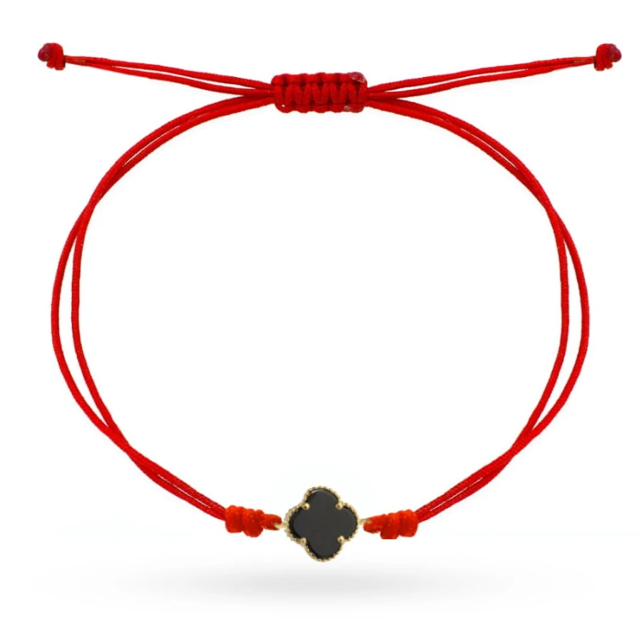 Złota bransoletka 585 czarna koniczynka na czerwonym sznurku