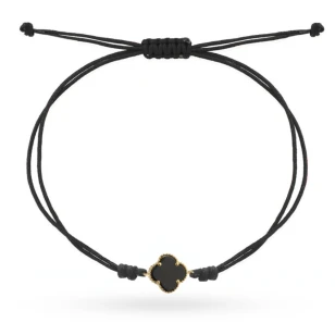Złota bransoletka 585 czarna koniczynka na czarnym sznurku