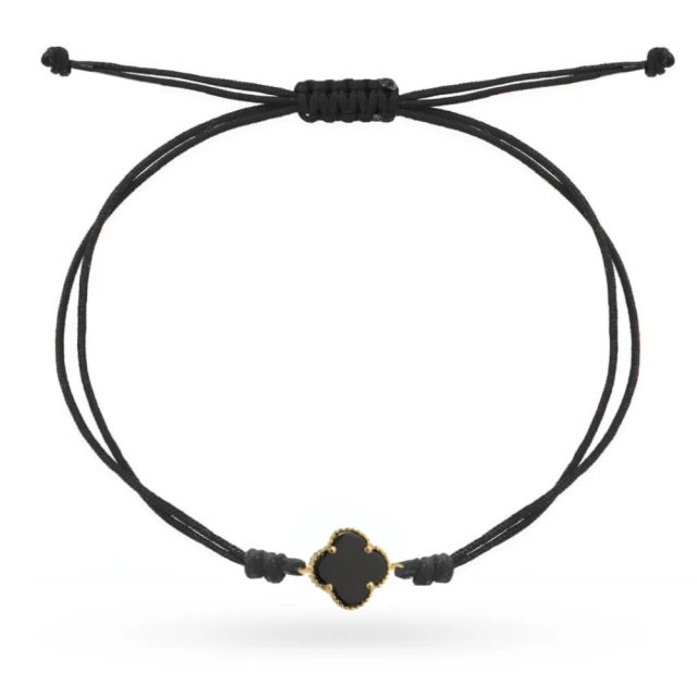 Złota bransoletka 585 czarna koniczynka na czarnym sznurku