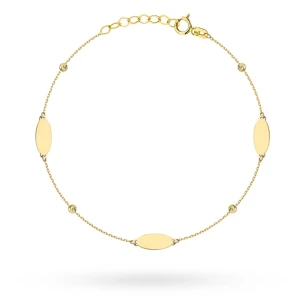 Złota bransoletka 585 owalne blaszki i diamentowane kulki