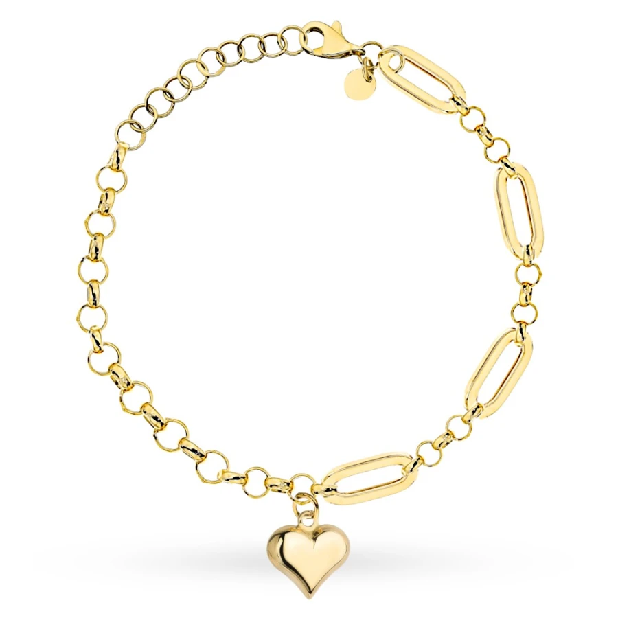 Złota bransoletka 585 długie ogniwa, kółka i serce
