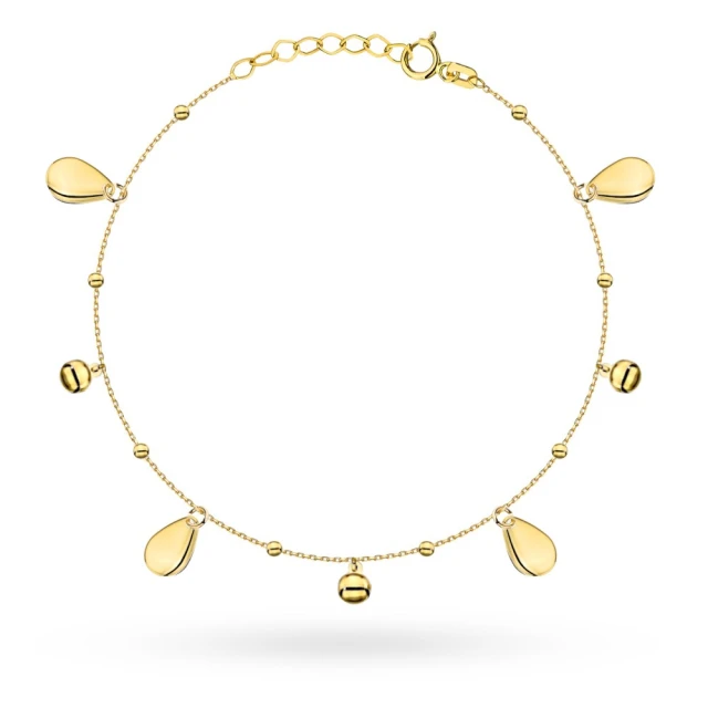 Złota bransoletka 585 kulkami i wiszącymi łezkami