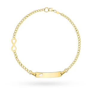 Złota bransoletka 585 dziecięca z blaszką i znakiem nieskończoności grawer