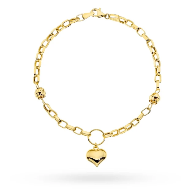 Złota bransoletka 585 diamentowane kulki i wiszące serce