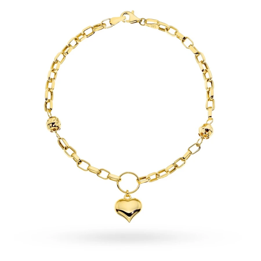 Złota bransoletka 585 diamentowane kulki i wiszące serce