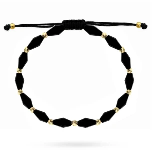 Złota bransoletka 585 z czarnymi kamieniami i diamentowanymi kulkami na sznurku