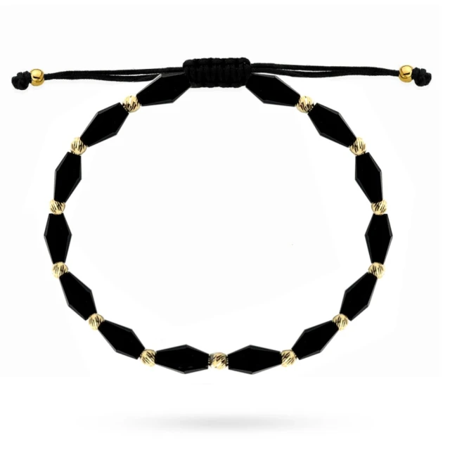 Złota bransoletka 585 z czarnymi kamieniami i diamentowanymi kulkami na sznurku