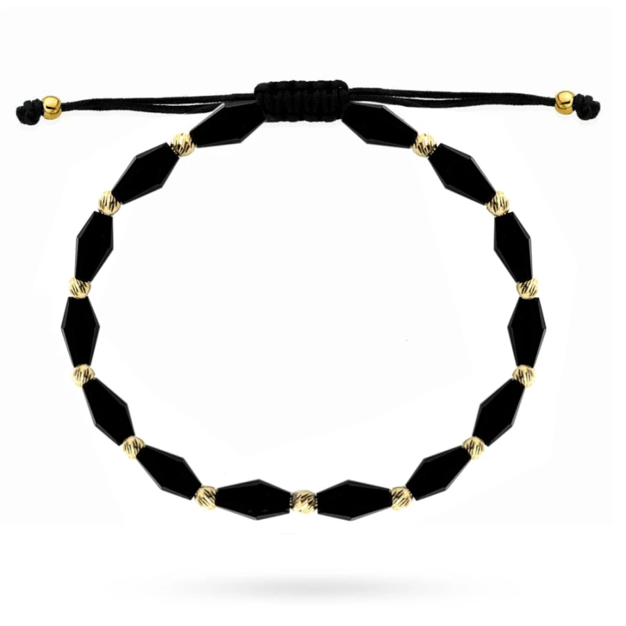 Złota bransoletka 585 z czarnymi kamieniami i diamentowanymi kulkami na sznurku Złota bransoletka 585 z czarnymi kamieniami i diamentowanymi kulkami na sznurku