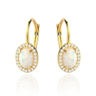 Złote kolczyki 585 Opal syntetyczny z cyrkoniami