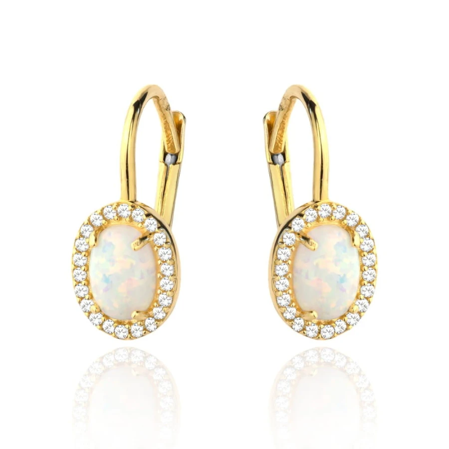 Złote kolczyki 585 Opal syntetyczny z cyrkoniami