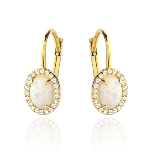 Złote kolczyki 585 Opal syntetyczny z cyrkoniami