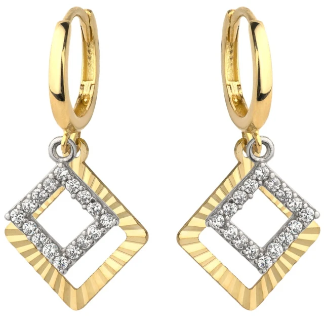 Złote kolczyki 585 diamentowane kwadraty z cyrkoniami