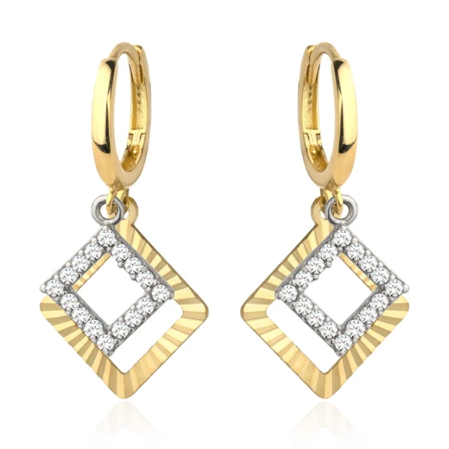 Złote kolczyki 585 diamentowane kwadraty z cyrkoniami