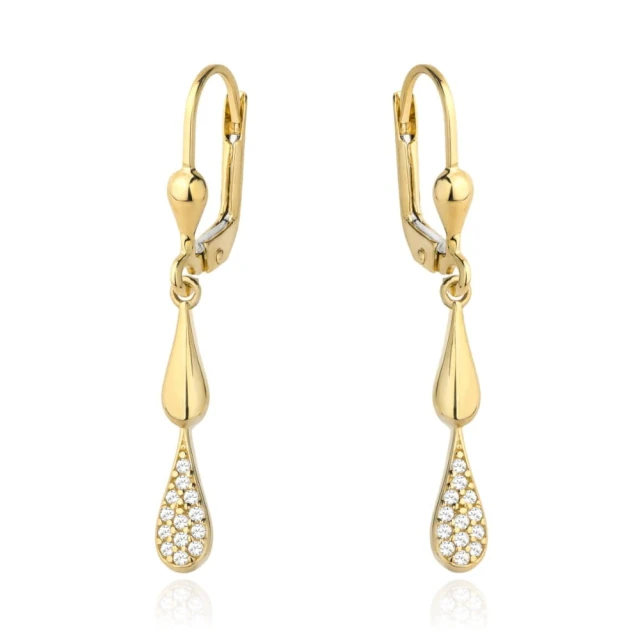 Złote kolczyki 585 dwie złote krople z cyrkoniami