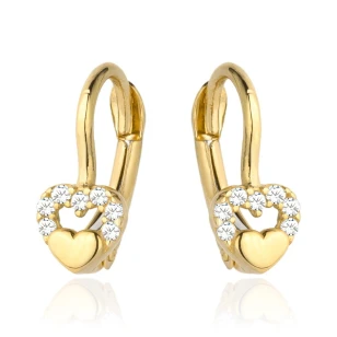 Kolczyki złote wypukłe serduszko w sercu z cyrkonii
