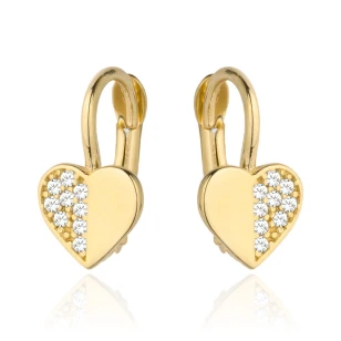 Kolczyki złote serduszko pół gładkie pół z cyrkonii