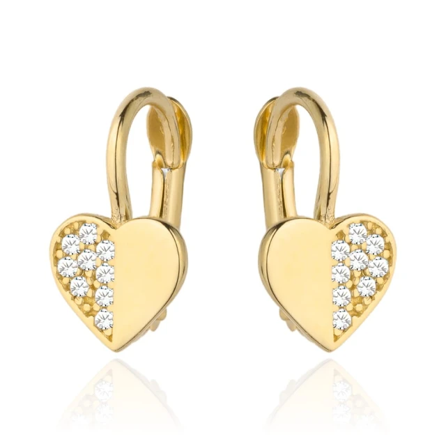 Kolczyki złote serduszko pół gładkie pół z cyrkonii