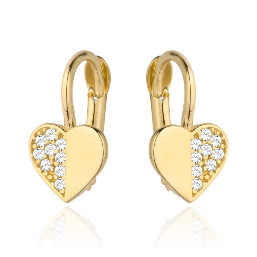 Kolczyki złote serduszko pół gładkie pół z cyrkonii